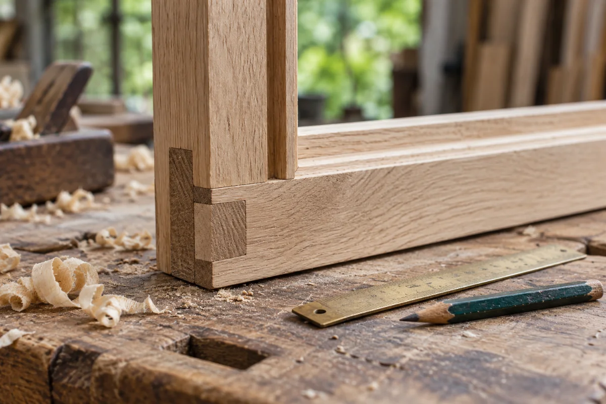 Assemblage d’un cadre en bois sur un établi, illustration du travail de menuiserie
